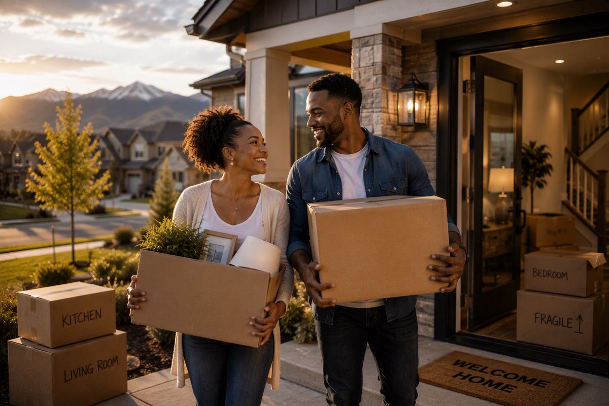 A couple carrying moving boxes into their new home at sunset