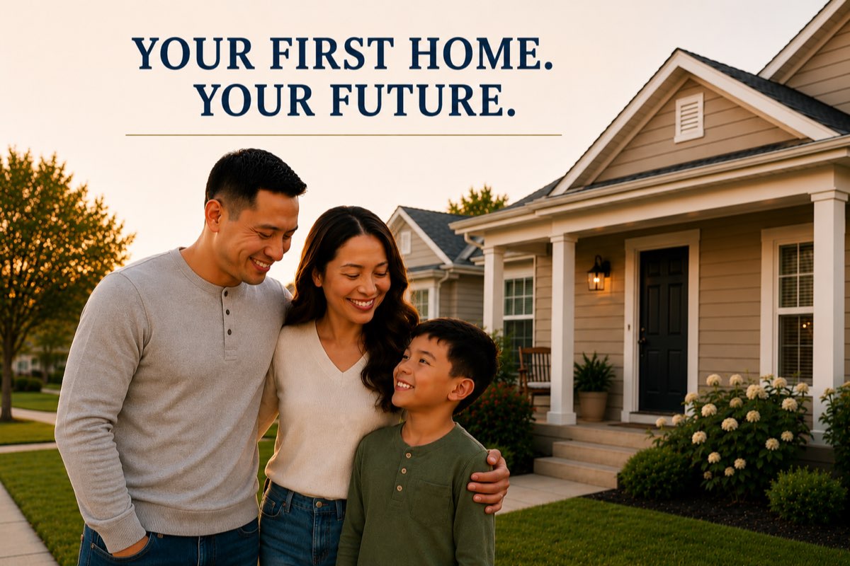 A family outside their first home