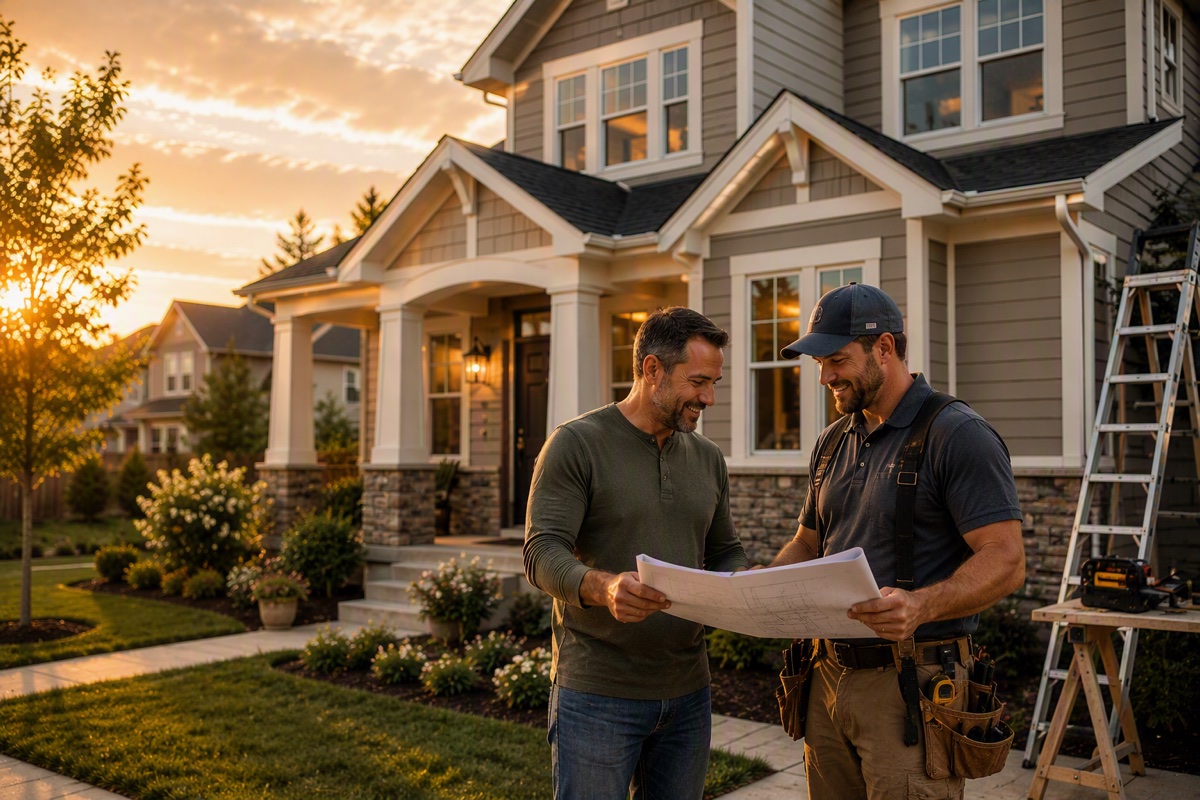 A homeowner and contractor reviewing renovation plans outside a house